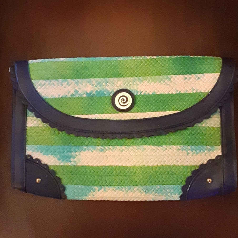 MUD PIE navy blue green aqua off white stripe straw clutch 13"x8" scallop …